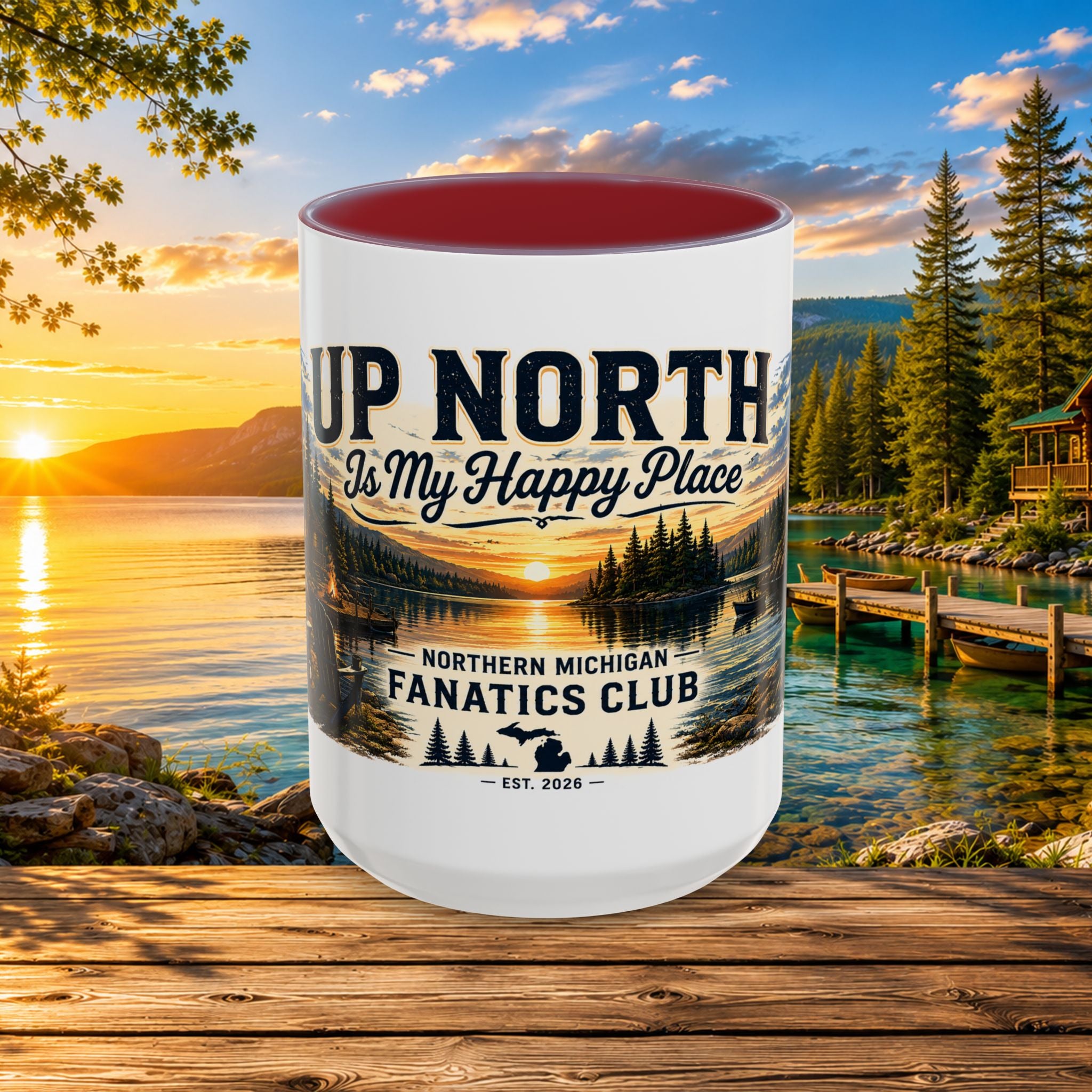 Up North Is My Happy Place Coffee Mug — Northern Michigan Scenic Accent Mug (11/15oz)