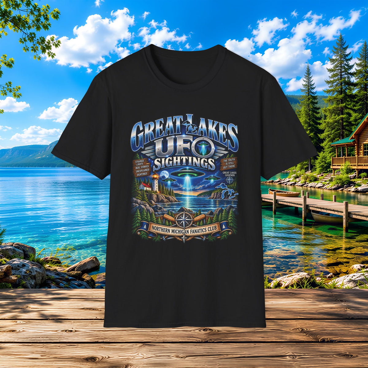 Great Lakes UFO Sightings T‑Shirt — Retro Alien Lake Scene