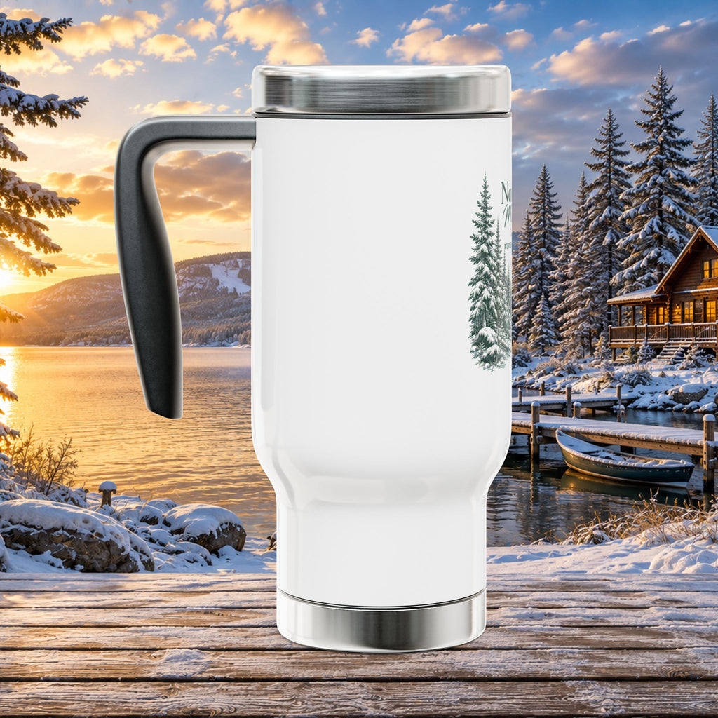 Northern Michigan Travel Mug 14oz — Winter Pines Stainless Steel Coffee Tumbler with Handle