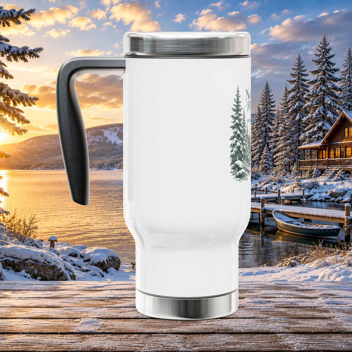 Northern Michigan Travel Mug 14oz — Winter Pines Stainless Steel Coffee Tumbler with Handle