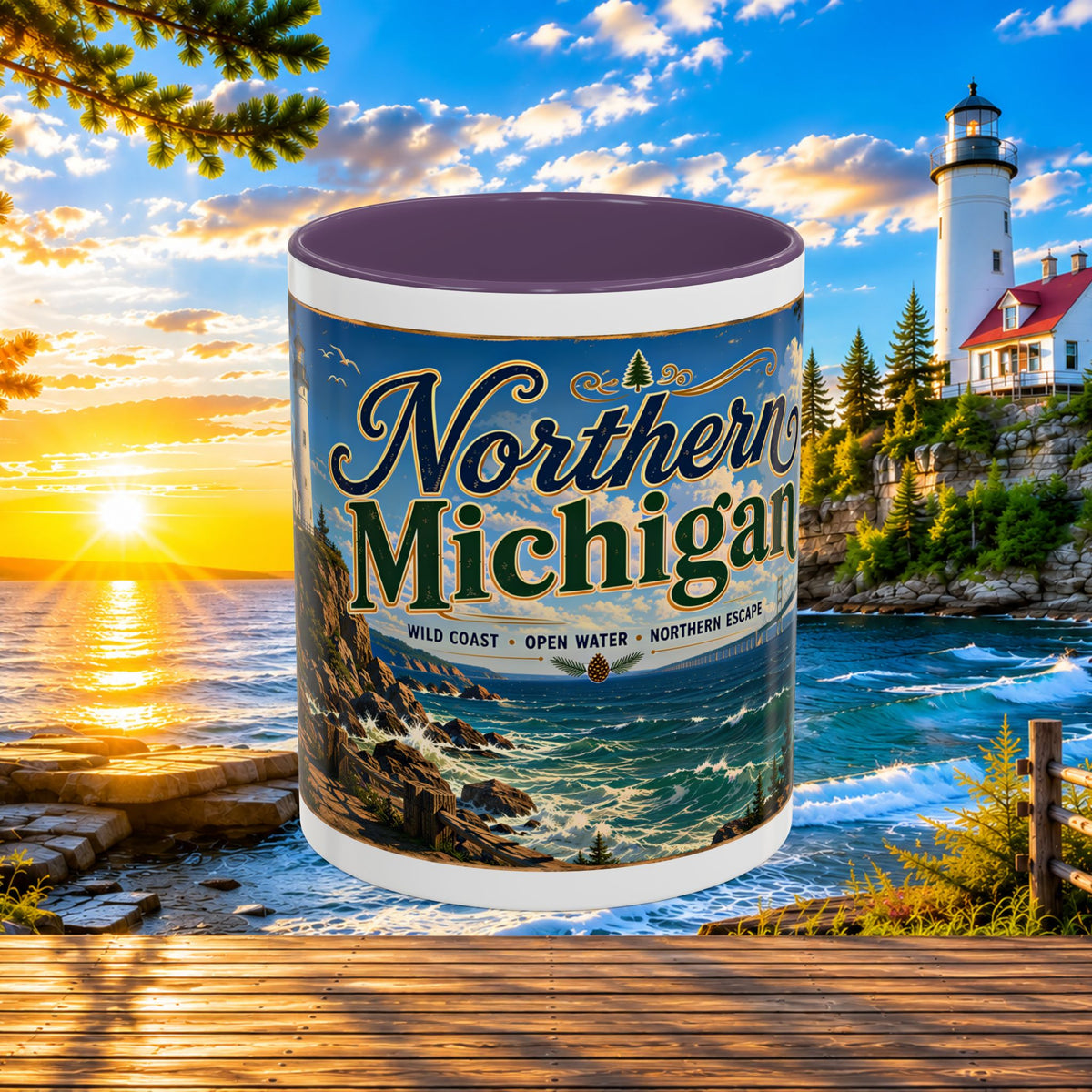 Northern Michigan Accent Coffee Mug — Scenic Lighthouse & Mackinac Bridge Travel Souvenir (11/15oz)