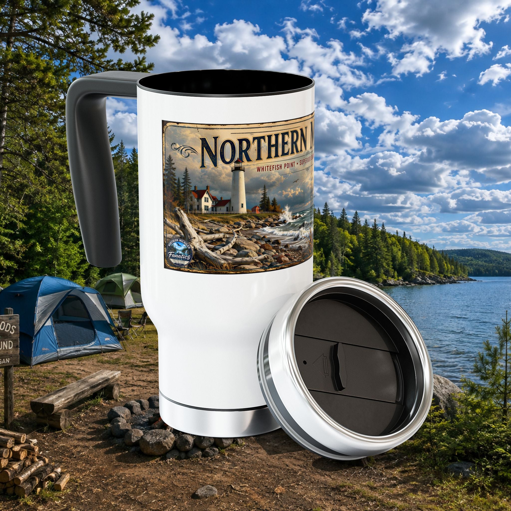 Northern Michigan Travel Mug — 14oz Stainless Steel Coffee Tumbler with Handle
