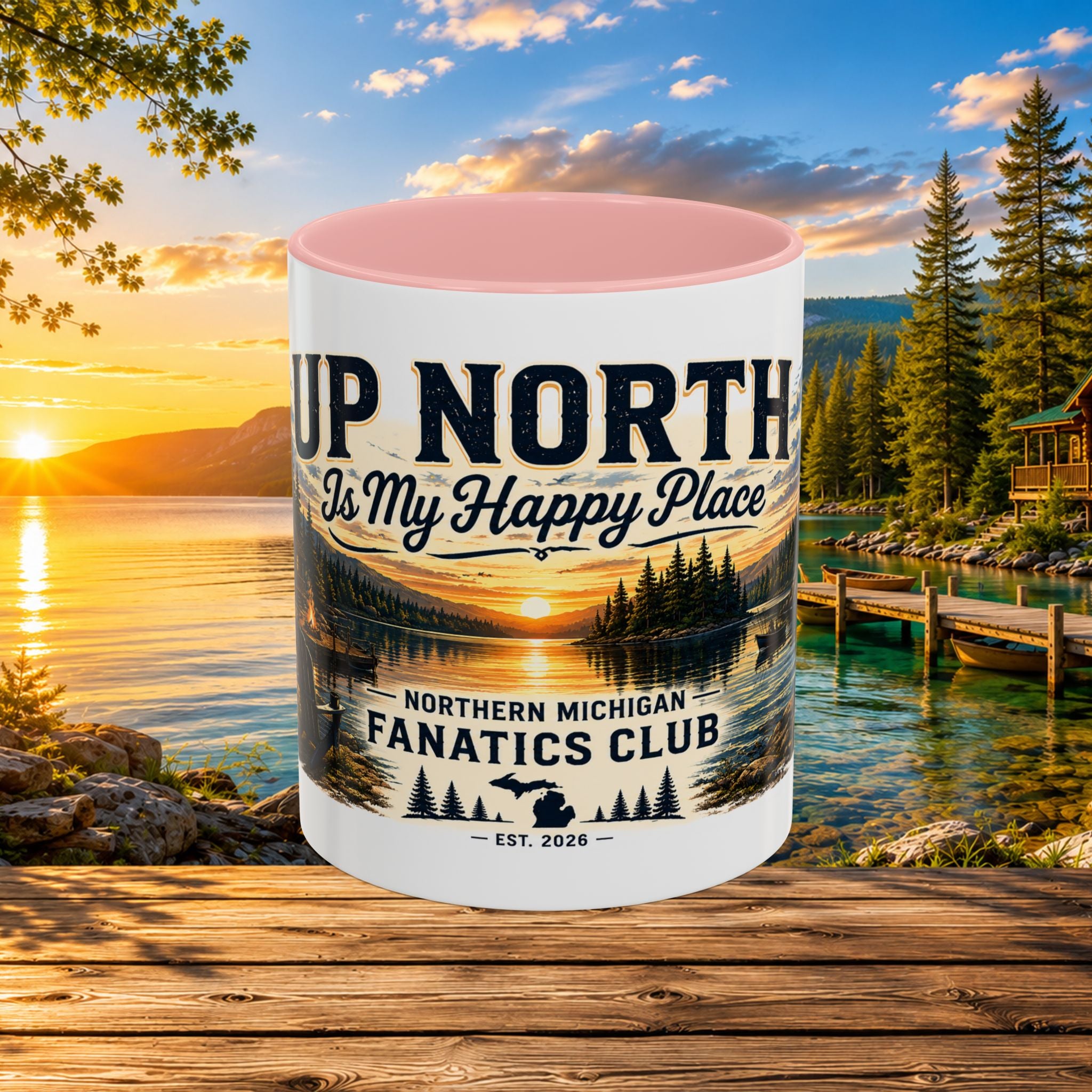 Up North Is My Happy Place Coffee Mug — Northern Michigan Scenic Accent Mug (11/15oz)