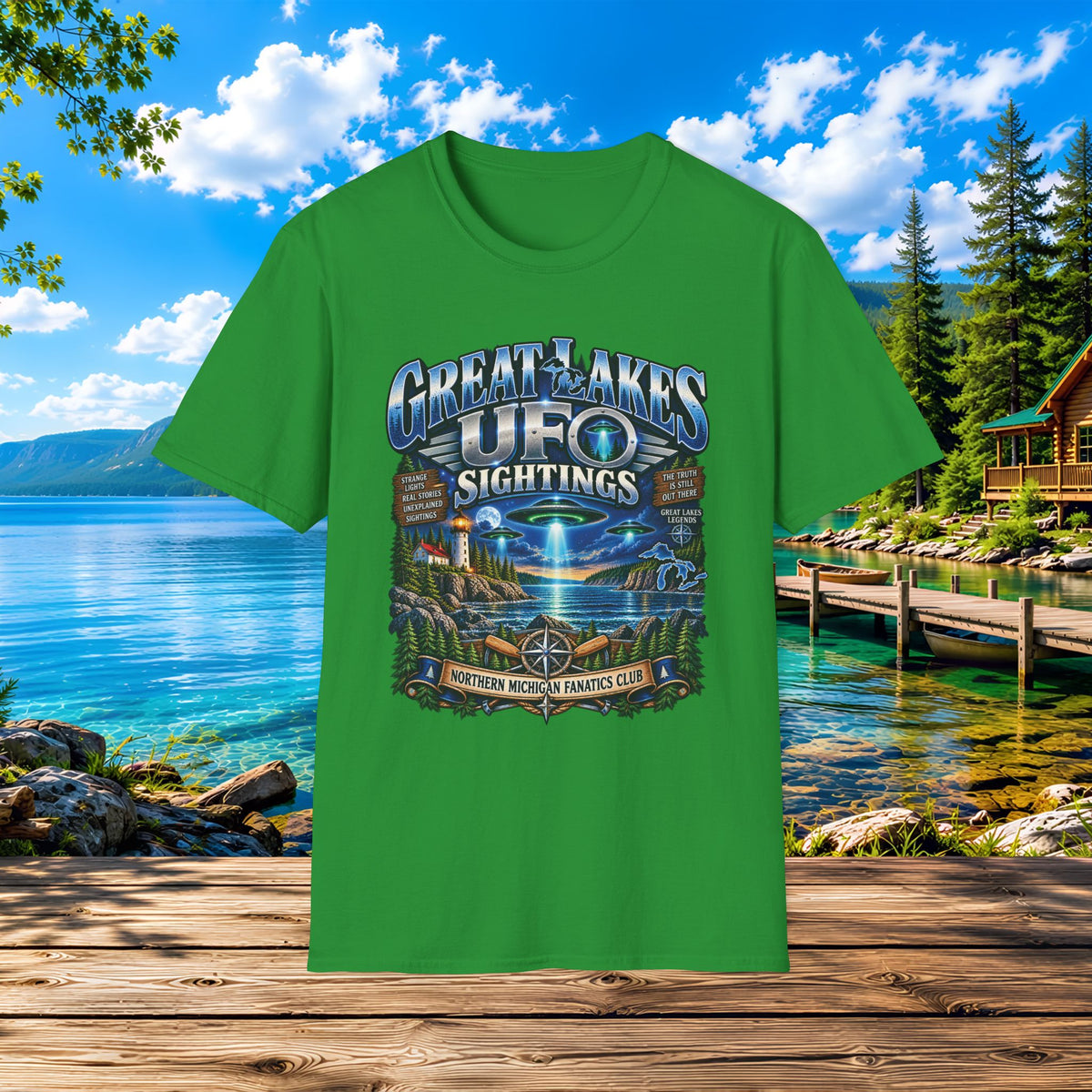 Great Lakes UFO Sightings T‑Shirt — Retro Alien Lake Scene