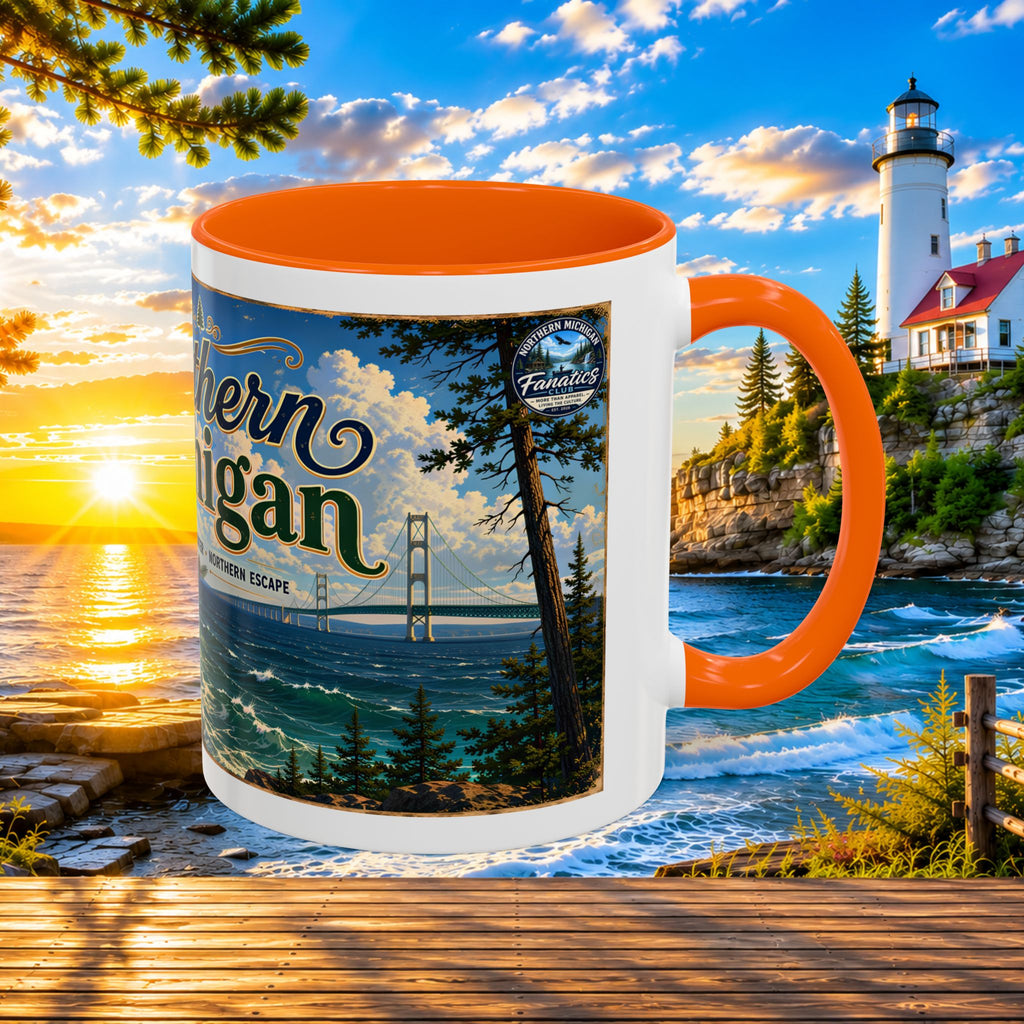 Northern Michigan Accent Coffee Mug — Scenic Lighthouse & Mackinac Bridge Travel Souvenir (11/15oz)