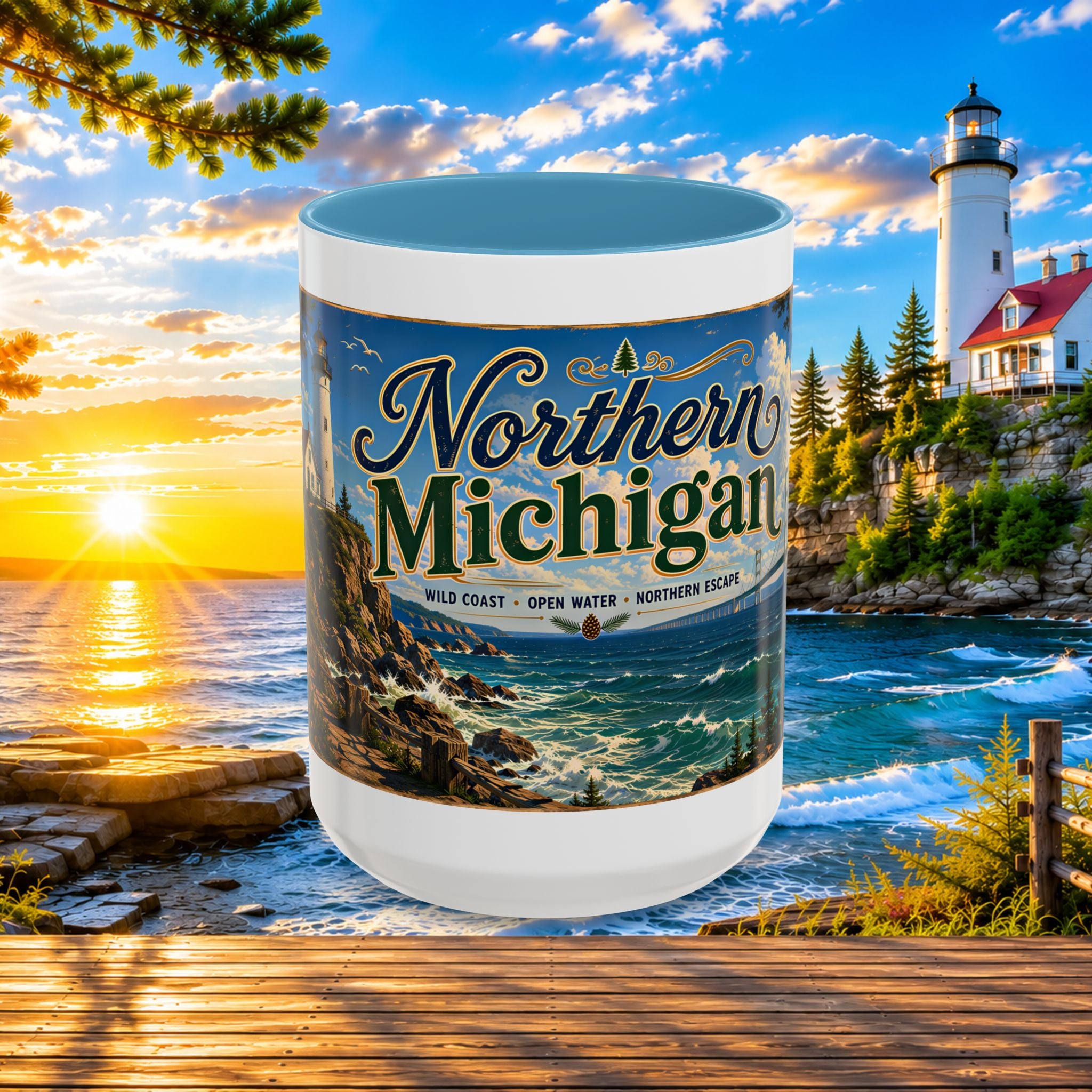 Northern Michigan Accent Coffee Mug — Scenic Lighthouse & Mackinac Bridge Travel Souvenir (11/15oz)