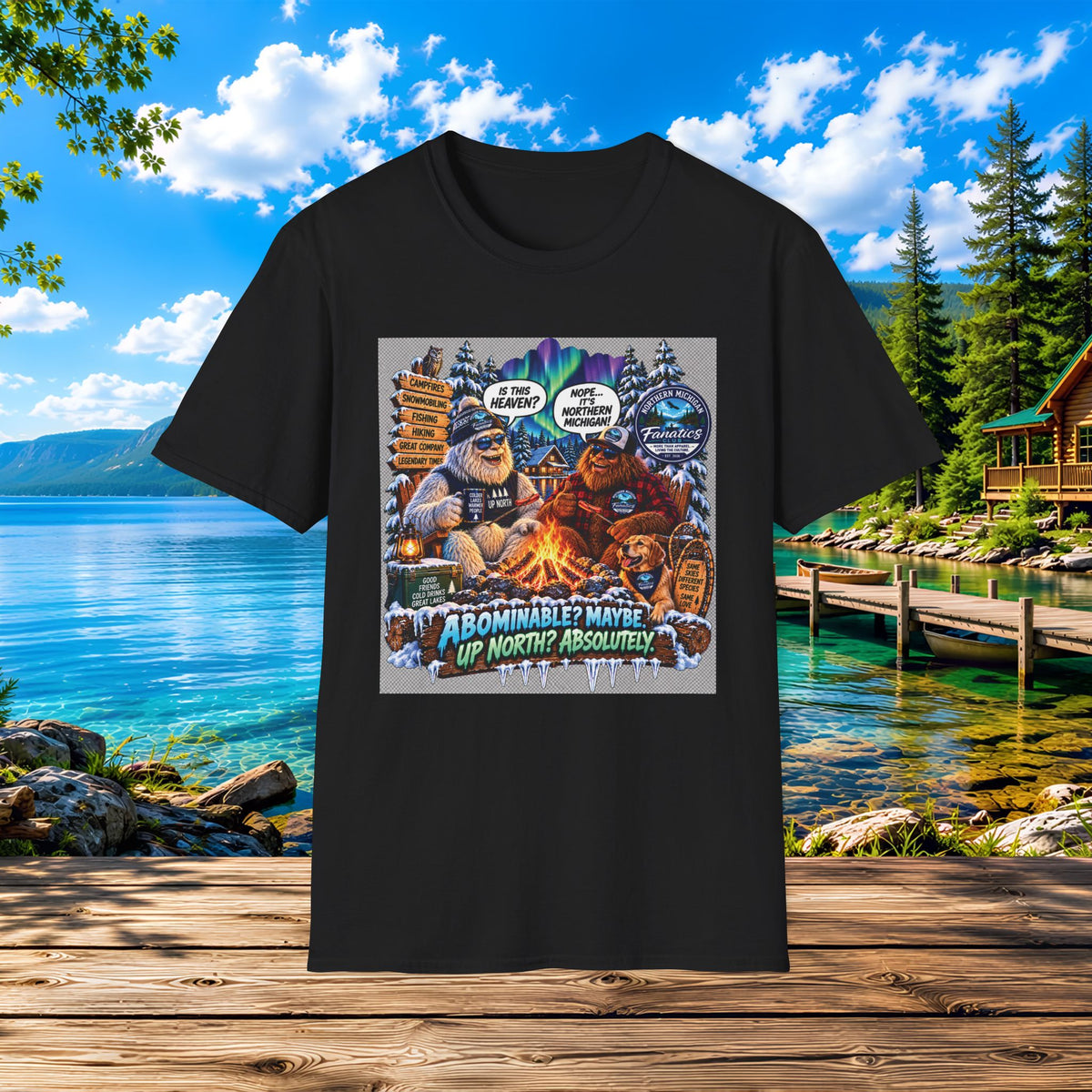 Bigfoot Campfire T-Shirt — "Abominable? Maybe Up North? Absolutely!" Outdoor Camping Graphic Tee