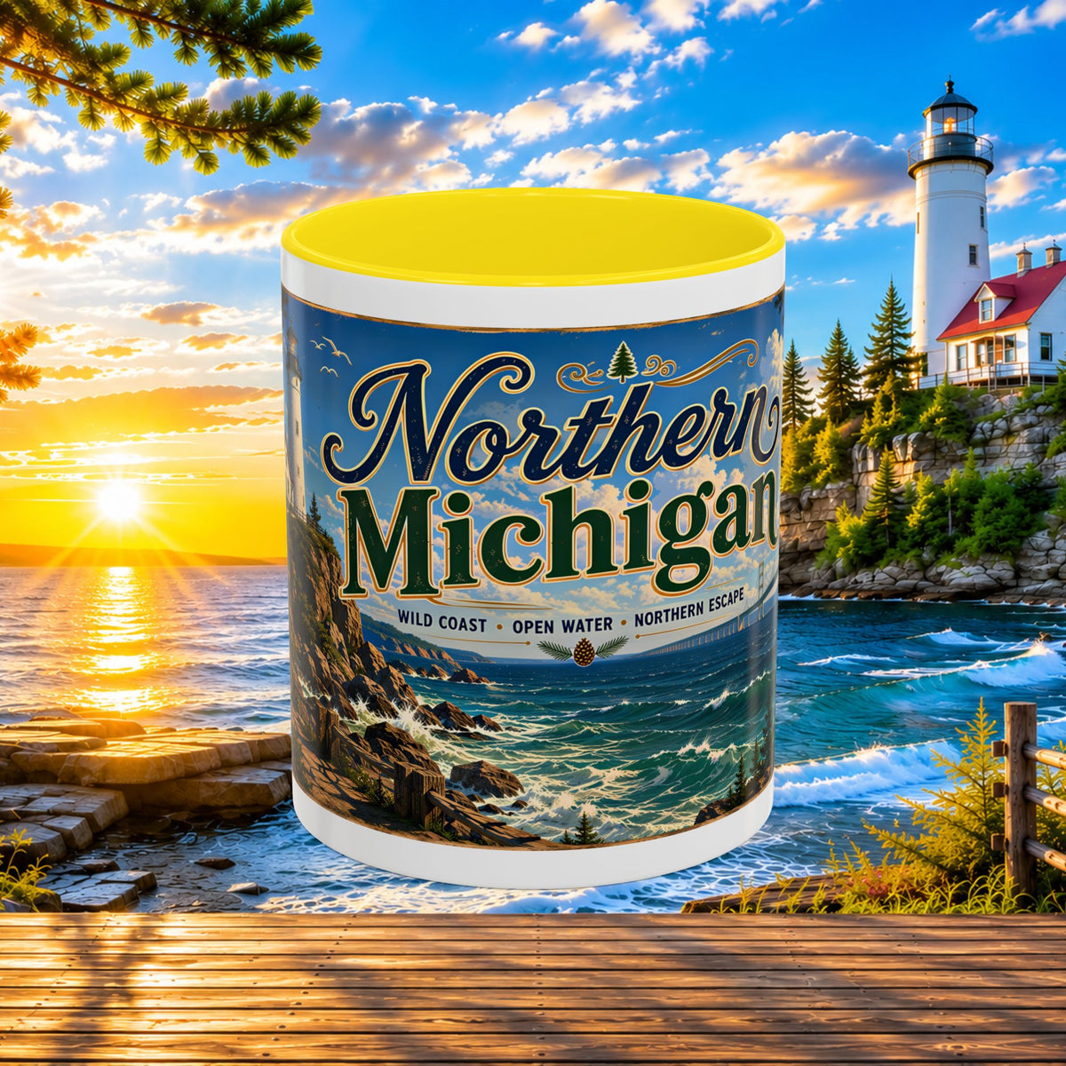 Northern Michigan Accent Coffee Mug — Scenic Lighthouse & Mackinac Bridge Travel Souvenir (11/15oz)