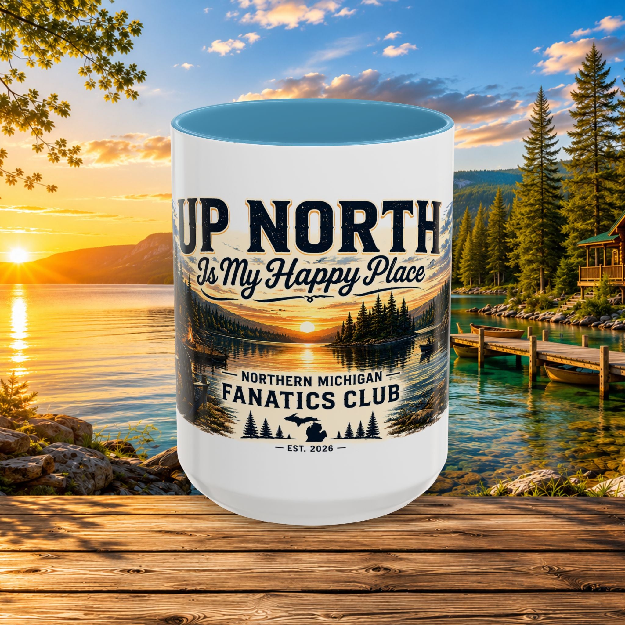 Up North Is My Happy Place Coffee Mug — Northern Michigan Scenic Accent Mug (11/15oz)