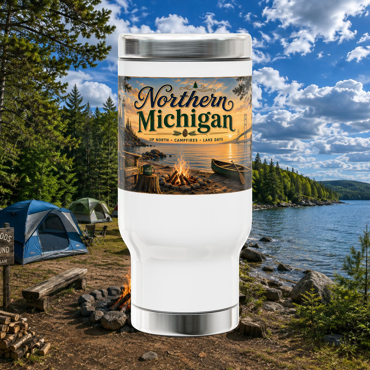 Northern Michigan Campfire Travel Mug — 14oz Stainless Steel with Handle