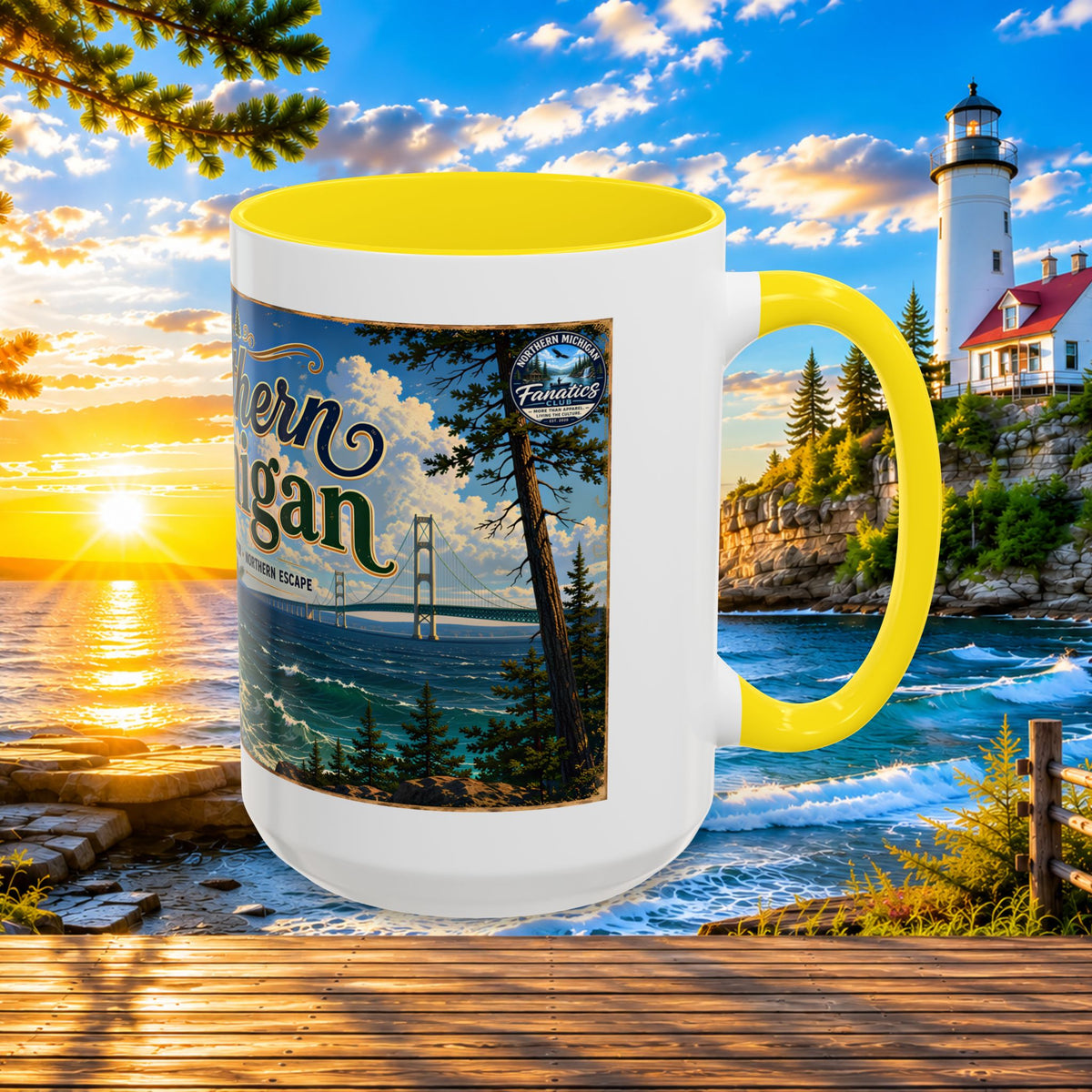 Northern Michigan Accent Coffee Mug — Scenic Lighthouse & Mackinac Bridge Travel Souvenir (11/15oz)