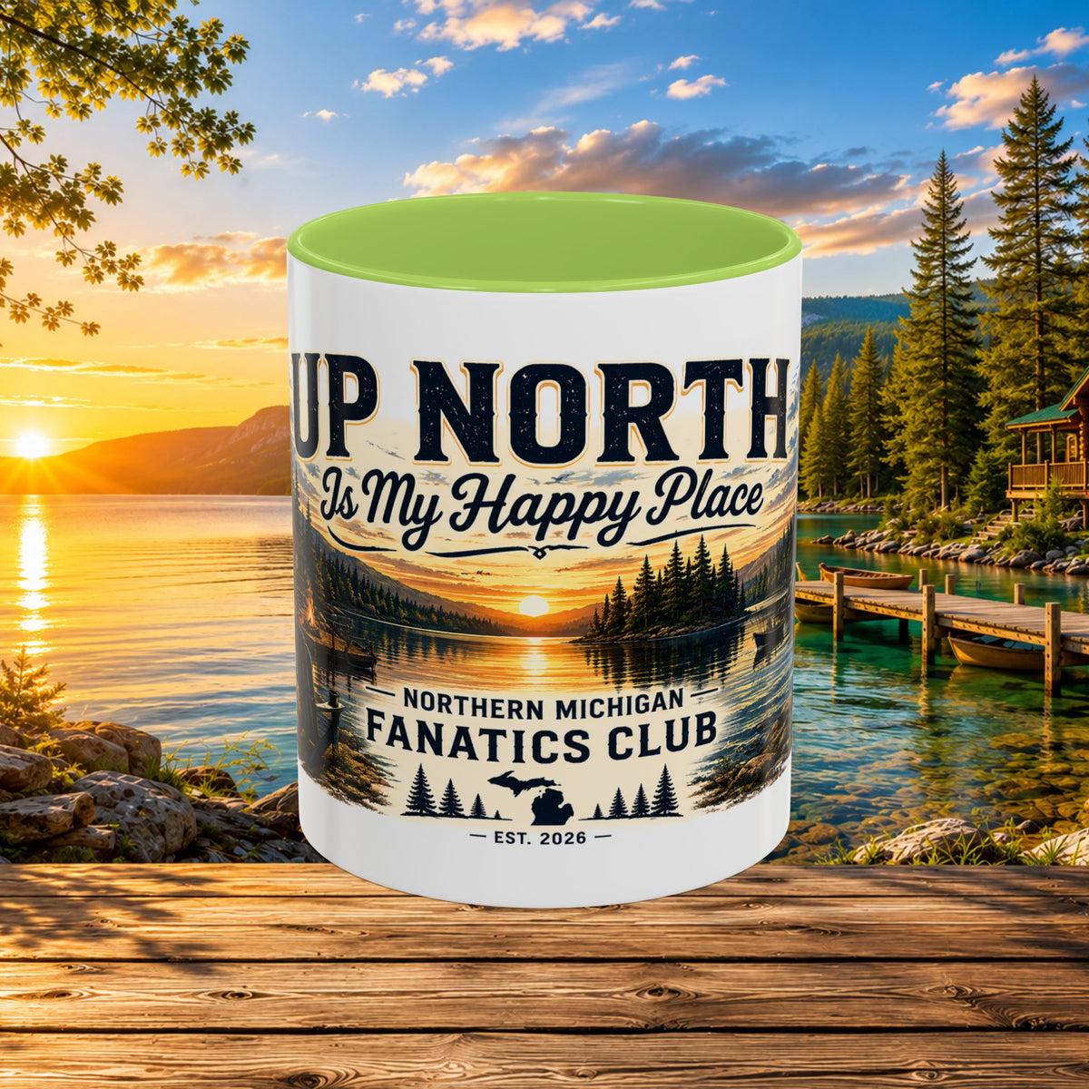 Up North Is My Happy Place Coffee Mug — Northern Michigan Scenic Accent Mug (11/15oz)