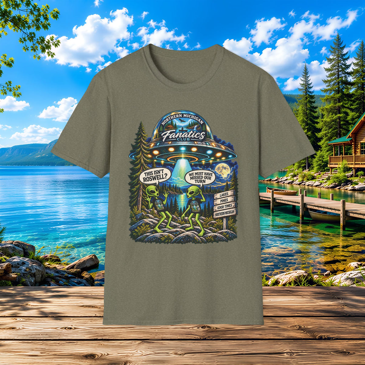 Alien's and UFO - Did we miss our turn?  Where is Roswell? — "The Real Fanatics" UFO Night Adventure Tee