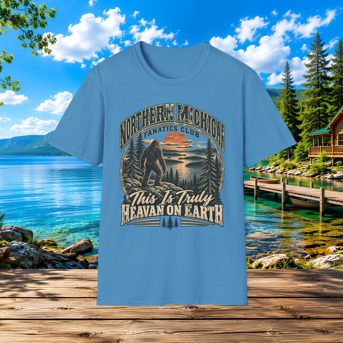 Northern Michigan T-Shirt — "This Is Truly Heaven On Earth" (Retro Sunset & Bigfoot)