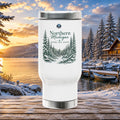 Northern Michigan Travel Mug 14oz — Winter Pines Stainless Steel Coffee Tumbler with Handle