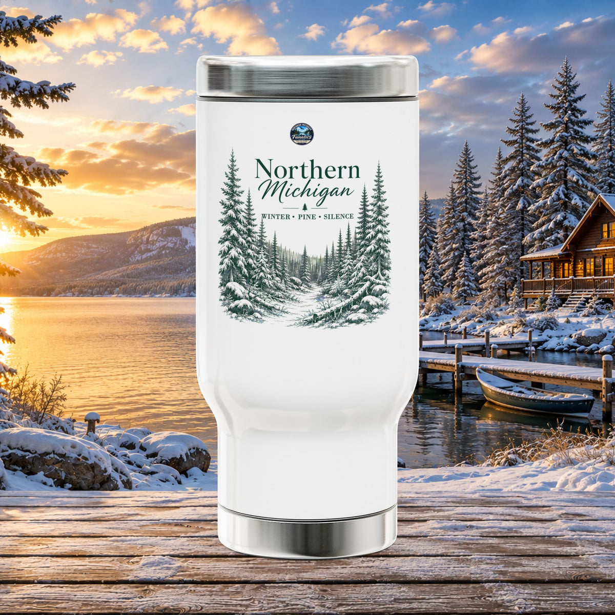 Northern Michigan Travel Mug 14oz — Winter Pines Stainless Steel Coffee Tumbler with Handle