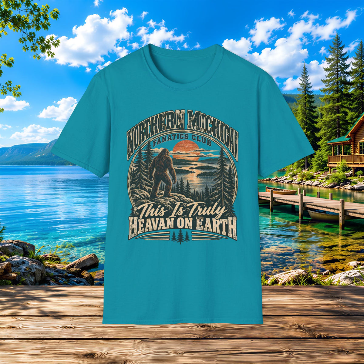 Northern Michigan T-Shirt — "This Is Truly Heaven On Earth" (Retro Sunset & Bigfoot)