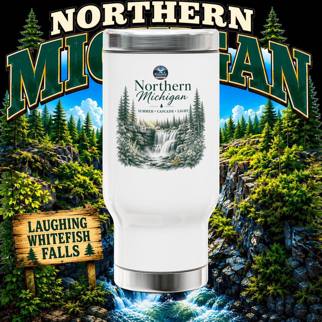 Northern Michigan Travel Mug — Laughing Whitefish Falls Stainless Steel 14oz