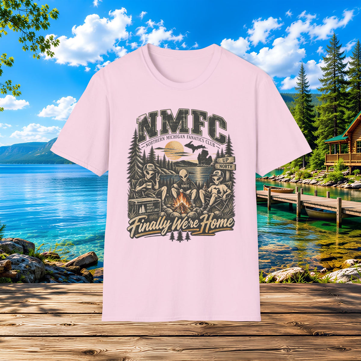 Camping Cabin T-Shirt — "NMFC Finally We're Home" Alien Campfire Tee