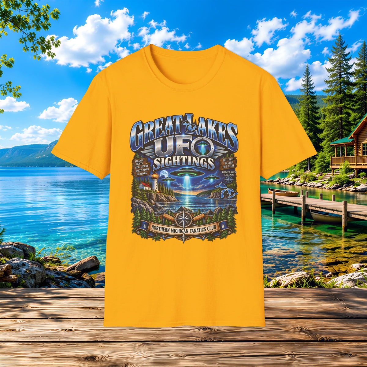 Great Lakes UFO Sightings T‑Shirt — Retro Alien Lake Scene