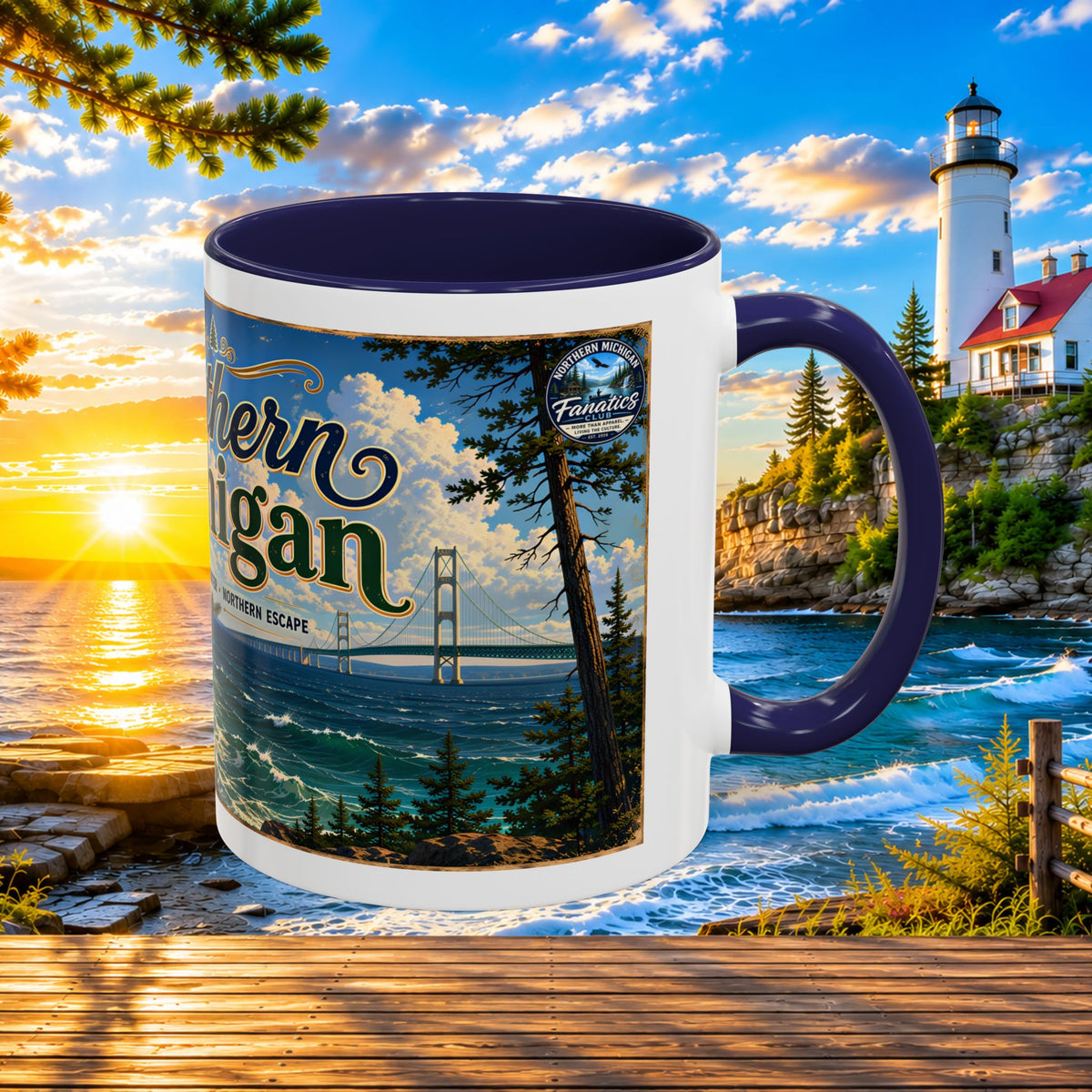 Northern Michigan Accent Coffee Mug — Scenic Lighthouse & Mackinac Bridge Travel Souvenir (11/15oz)