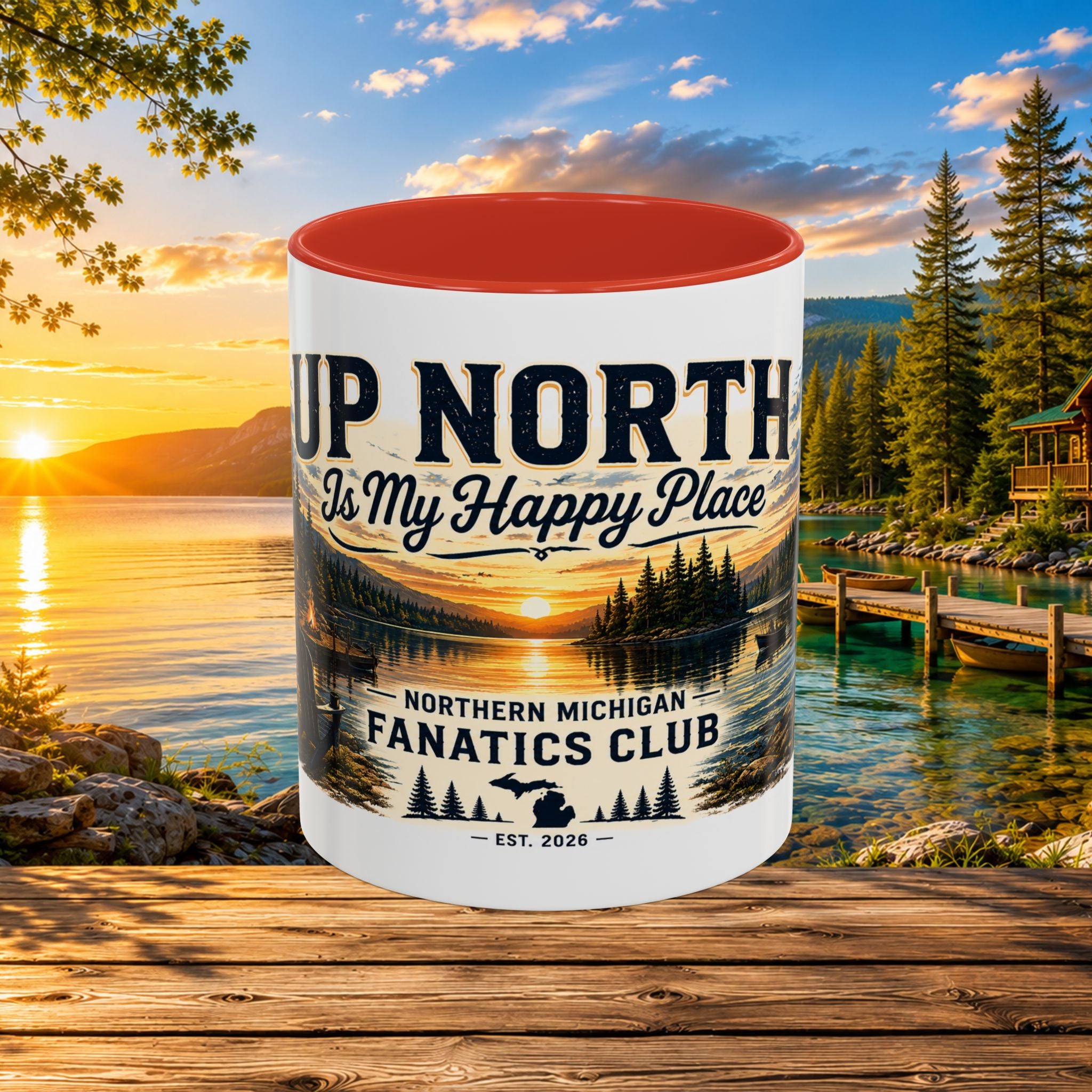 Up North Is My Happy Place Coffee Mug — Northern Michigan Scenic Accent Mug (11/15oz)