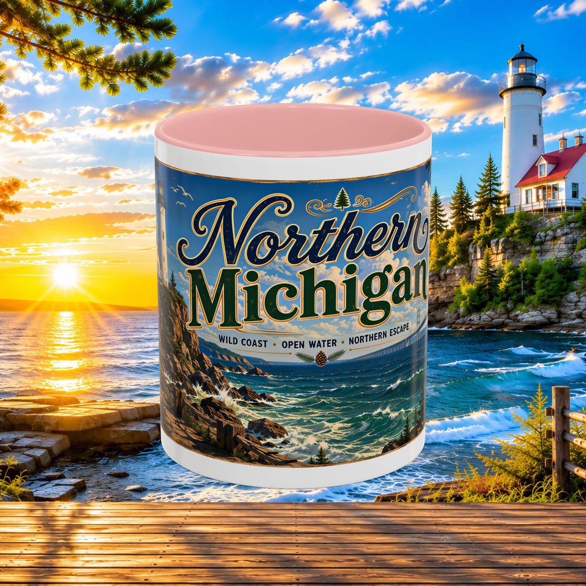 Northern Michigan Accent Coffee Mug — Scenic Lighthouse & Mackinac Bridge Travel Souvenir (11/15oz)