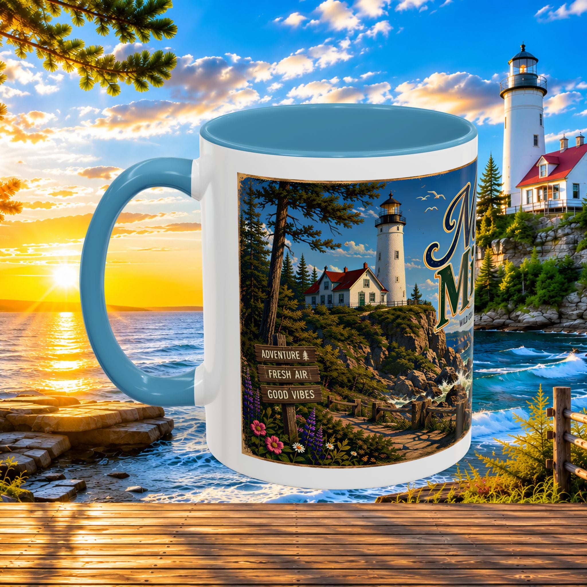 Northern Michigan Accent Coffee Mug — Scenic Lighthouse & Mackinac Bridge Travel Souvenir (11/15oz)