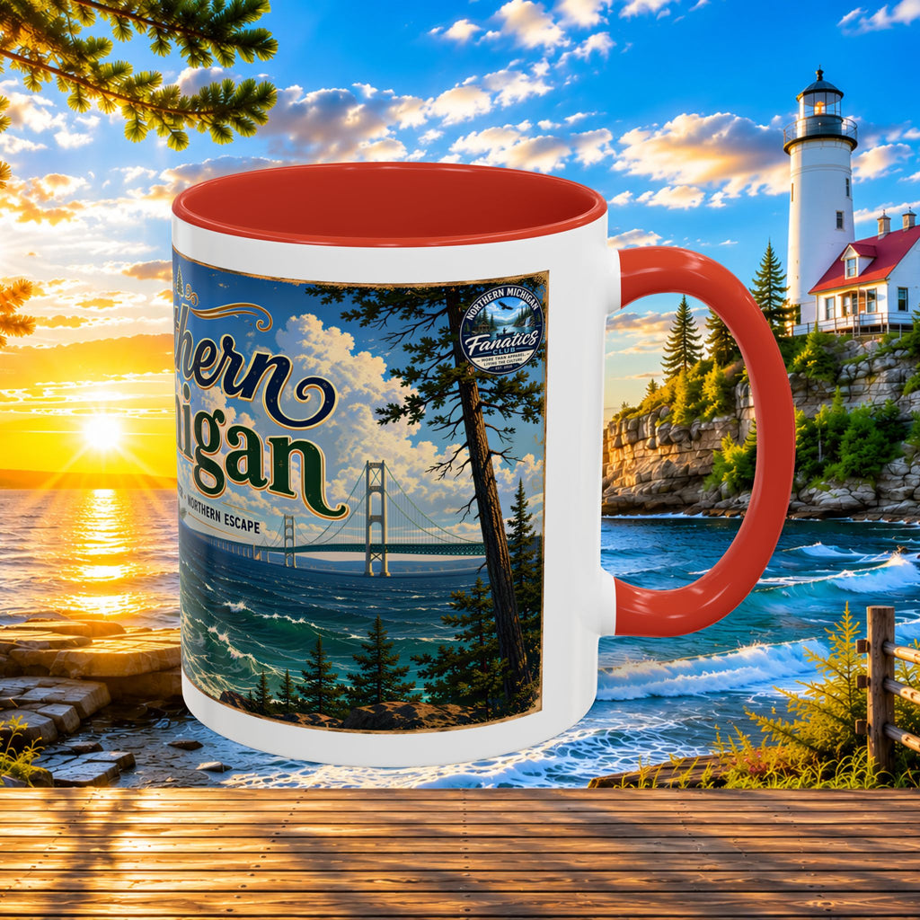 Northern Michigan Accent Coffee Mug — Scenic Lighthouse & Mackinac Bridge Travel Souvenir (11/15oz)