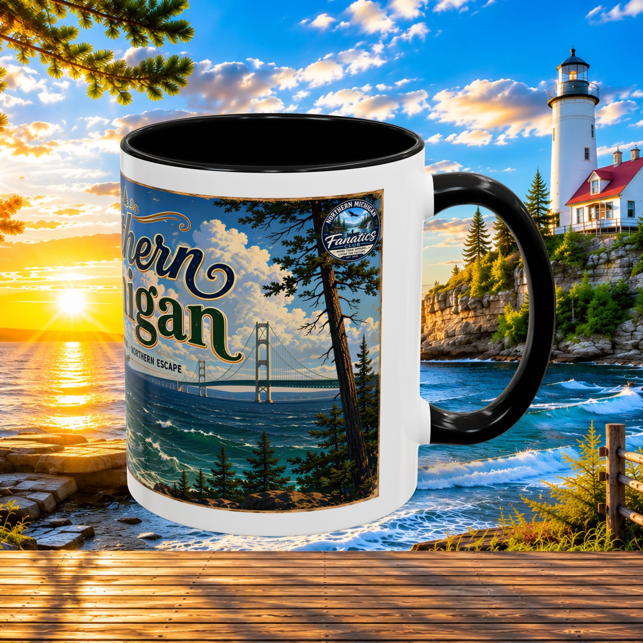 Northern Michigan Accent Coffee Mug — Scenic Lighthouse & Mackinac Bridge Travel Souvenir (11/15oz)