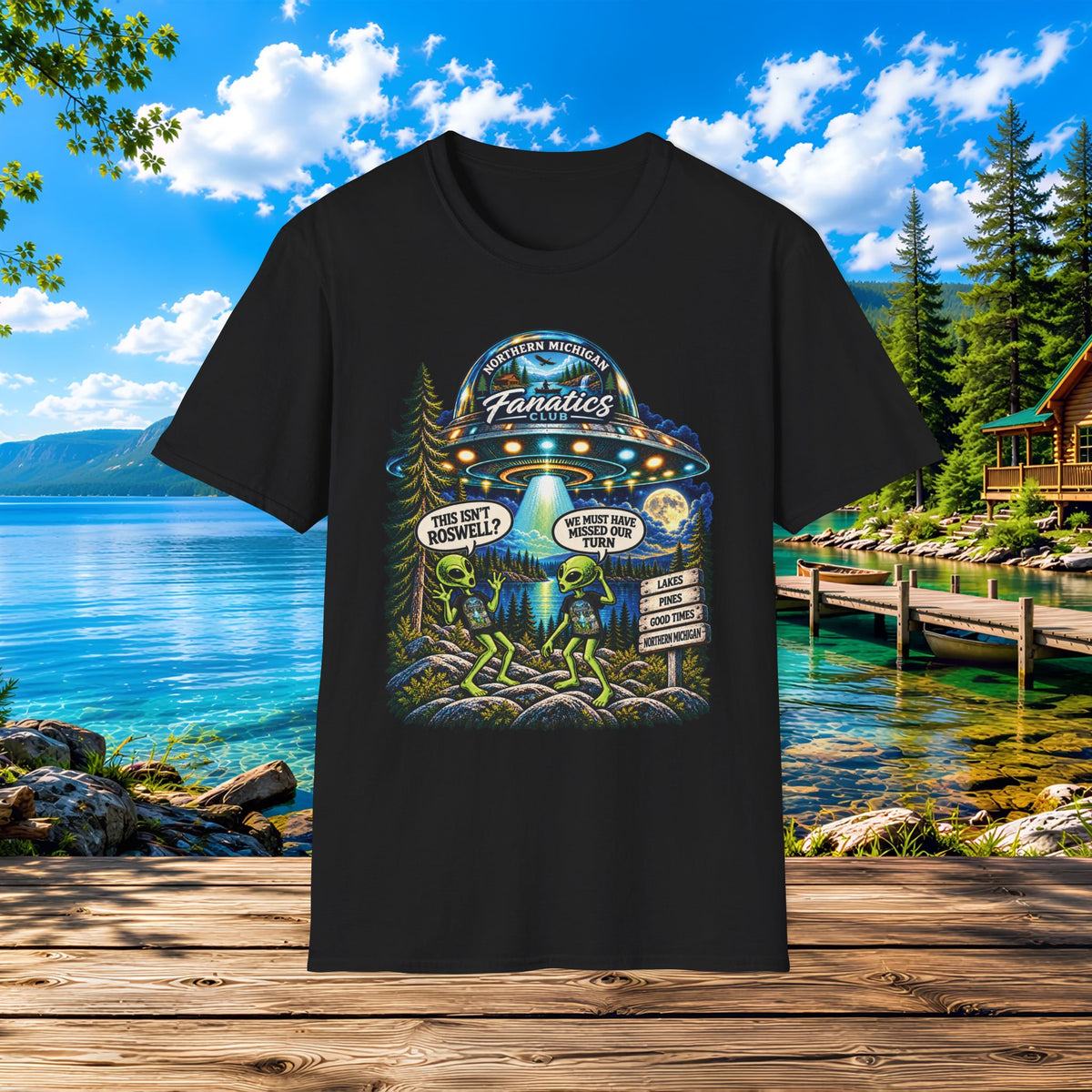 Alien's and UFO - Did we miss our turn?  Where is Roswell? — "The Real Fanatics" UFO Night Adventure Tee