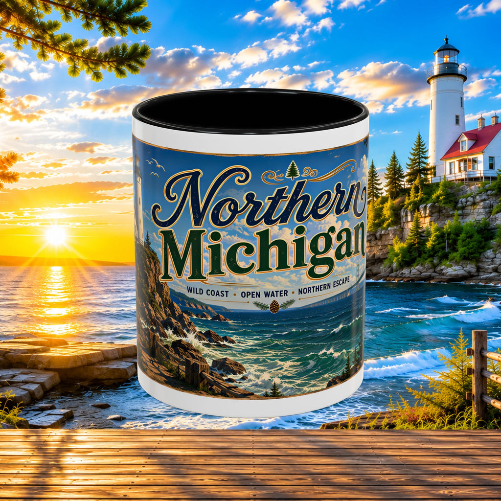 Northern Michigan Accent Coffee Mug — Scenic Lighthouse & Mackinac Bridge Travel Souvenir (11/15oz)