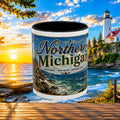 Northern Michigan Accent Coffee Mug — Scenic Lighthouse & Mackinac Bridge Travel Souvenir (11/15oz)