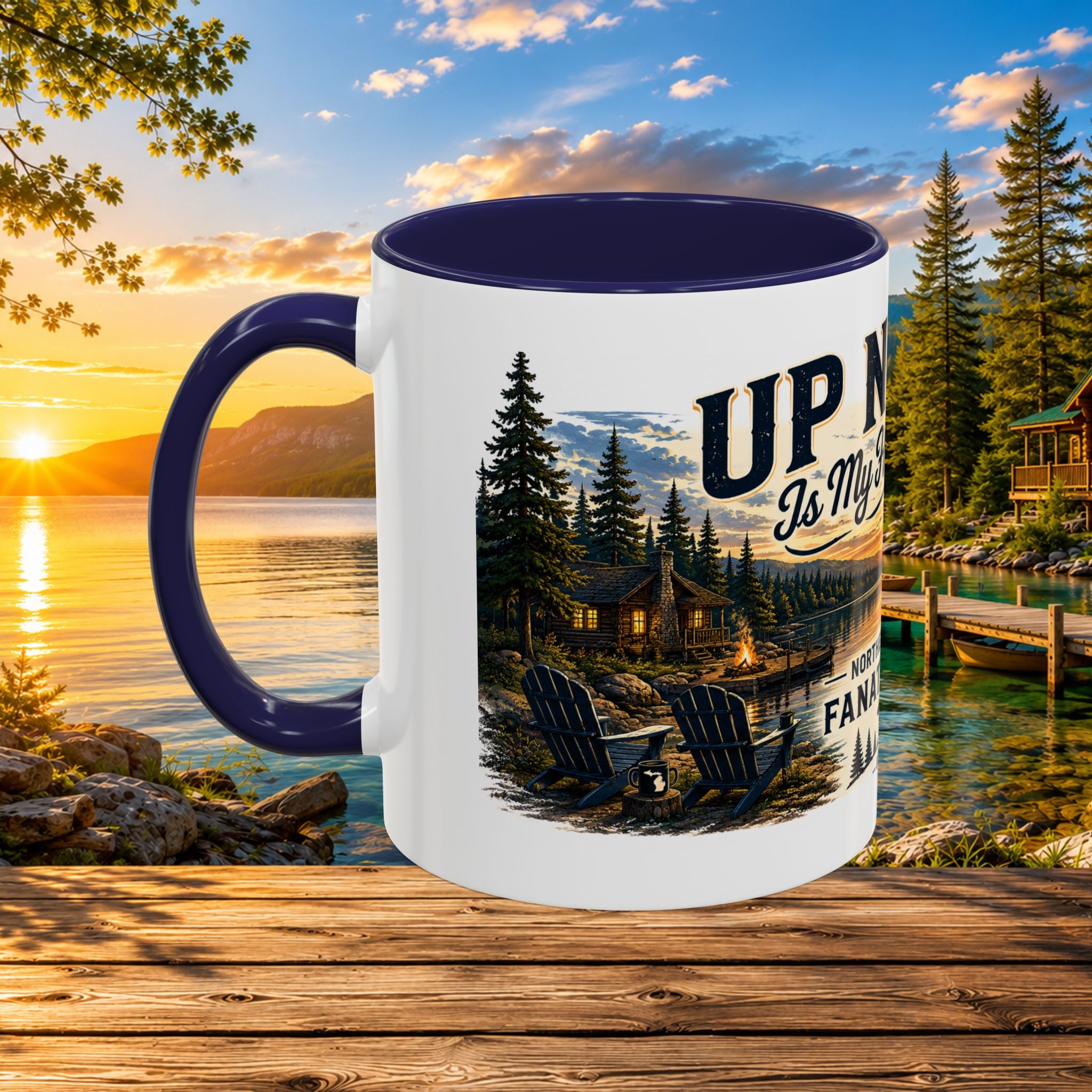 Up North Is My Happy Place Coffee Mug — Northern Michigan Scenic Accent Mug (11/15oz)