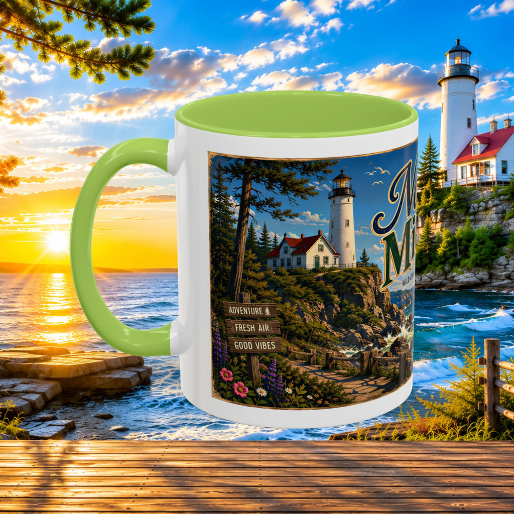 Northern Michigan Accent Coffee Mug — Scenic Lighthouse & Mackinac Bridge Travel Souvenir (11/15oz)