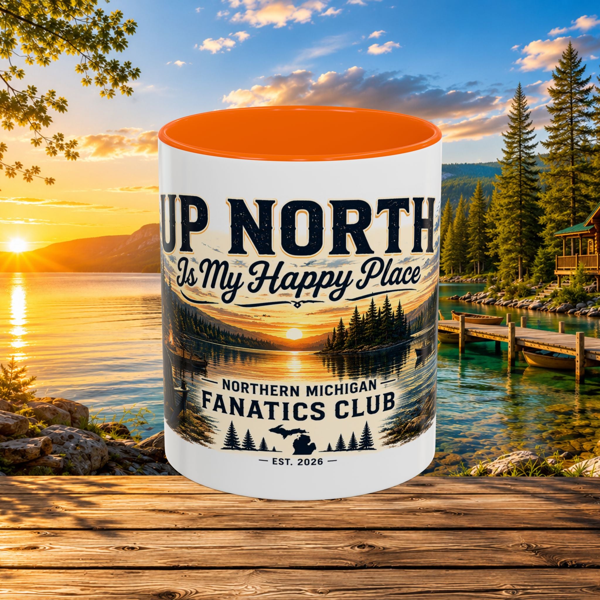 Up North Is My Happy Place Coffee Mug — Northern Michigan Scenic Accent Mug (11/15oz)