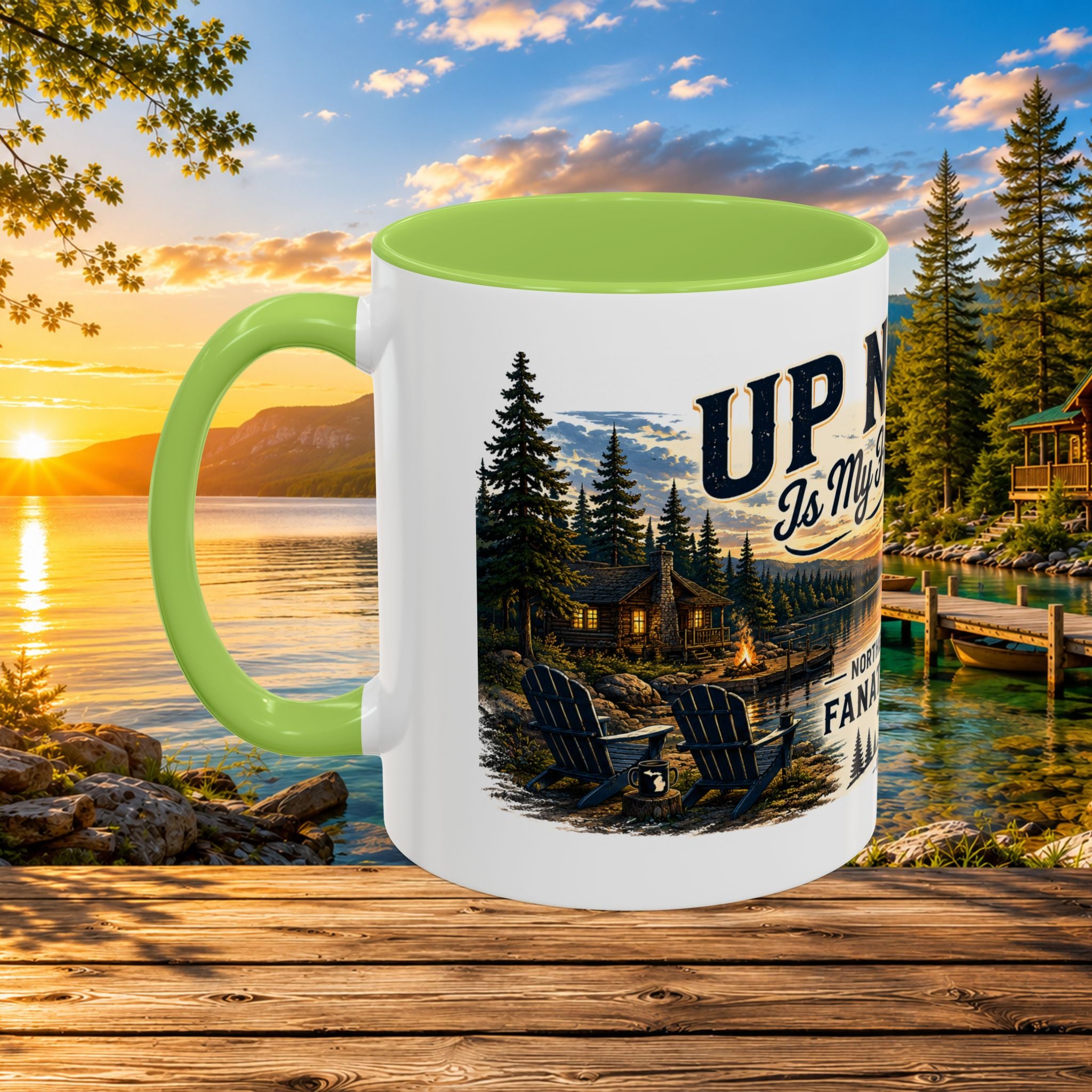 Up North Is My Happy Place Coffee Mug — Northern Michigan Scenic Accent Mug (11/15oz)
