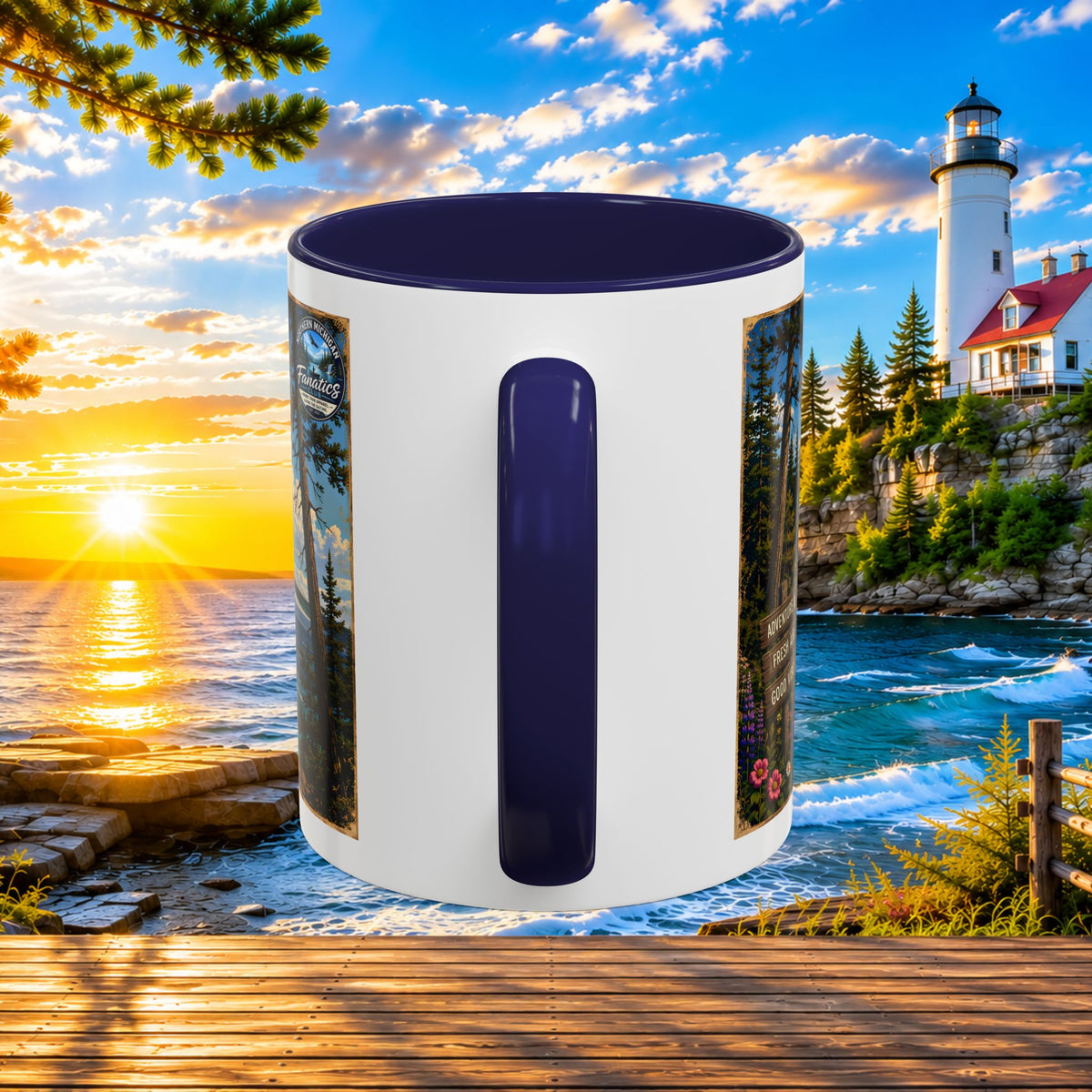Northern Michigan Accent Coffee Mug — Scenic Lighthouse & Mackinac Bridge Travel Souvenir (11/15oz)