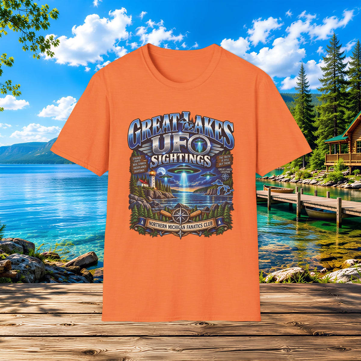 Great Lakes UFO Sightings T‑Shirt — Retro Alien Lake Scene