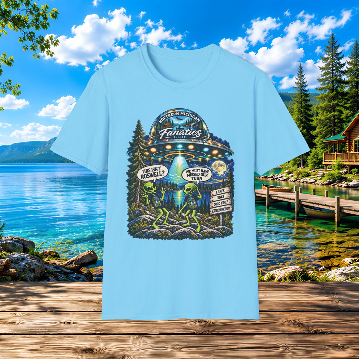 Alien's and UFO - Did we miss our turn?  Where is Roswell? — "The Real Fanatics" UFO Night Adventure Tee