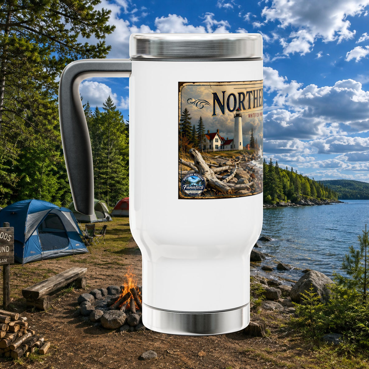 Northern Michigan Travel Mug — 14oz Stainless Steel Coffee Tumbler with Handle