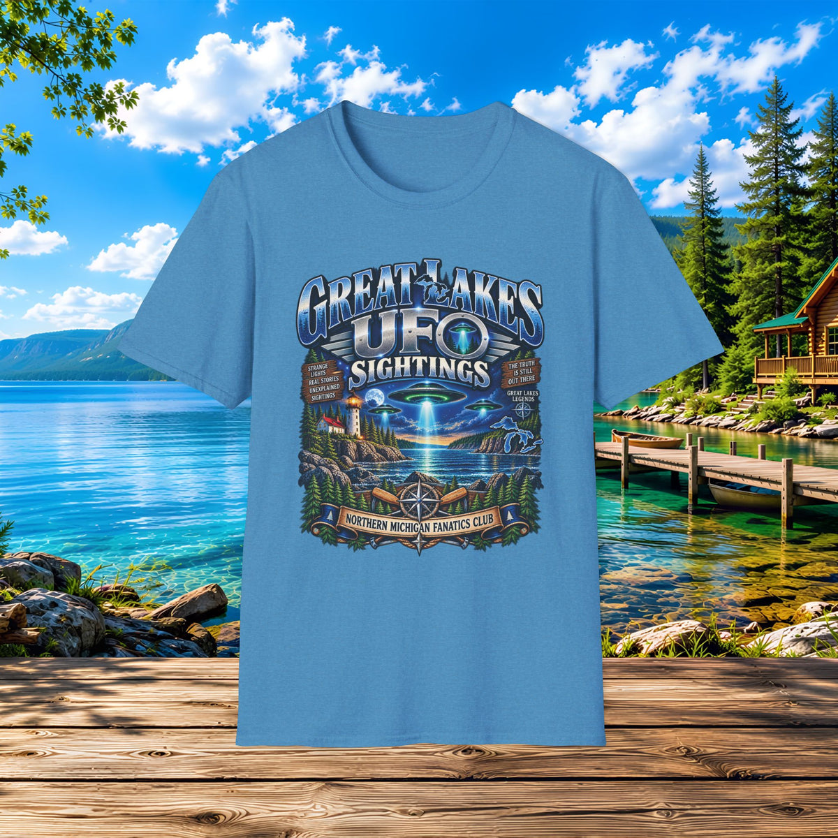 Great Lakes UFO Sightings T‑Shirt — Retro Alien Lake Scene