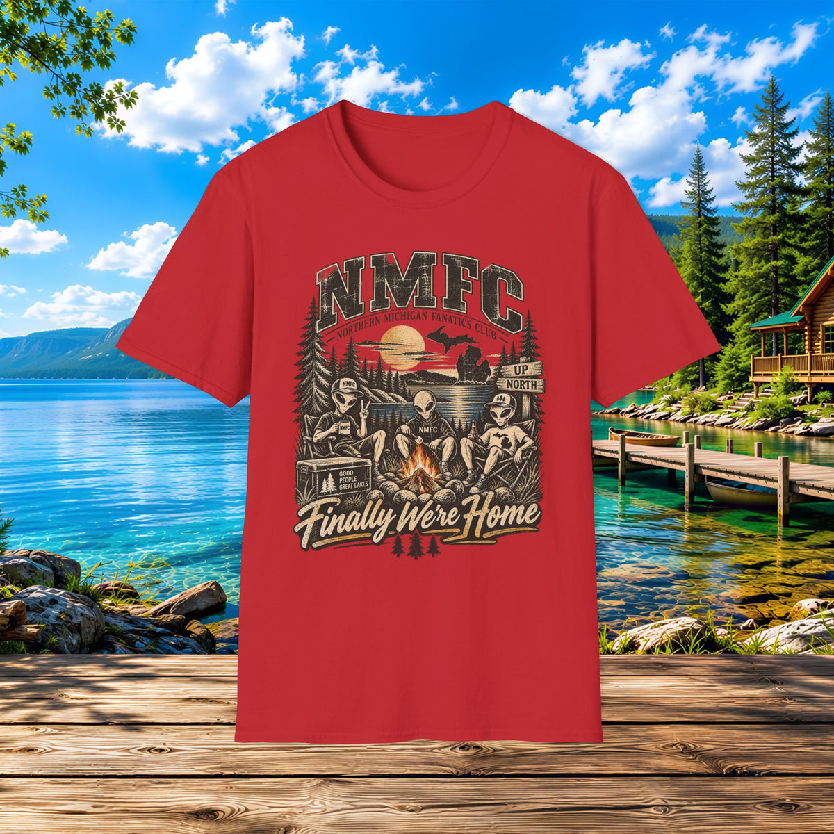 Camping Cabin T-Shirt — "NMFC Finally We're Home" Alien Campfire Tee