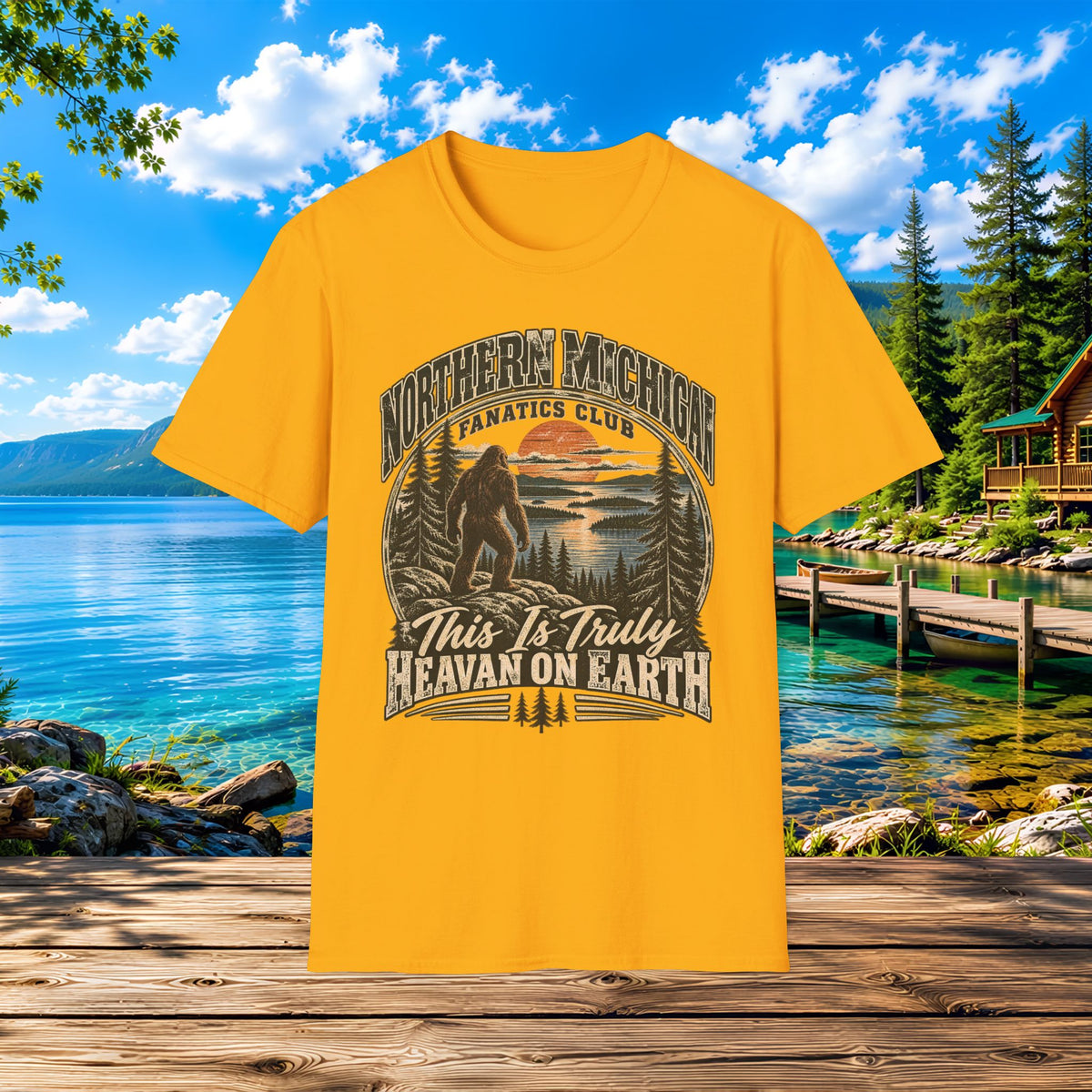 Northern Michigan T-Shirt — "This Is Truly Heaven On Earth" (Retro Sunset & Bigfoot)